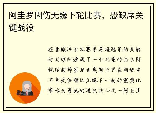 阿圭罗因伤无缘下轮比赛，恐缺席关键战役
