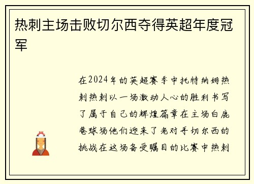 热刺主场击败切尔西夺得英超年度冠军